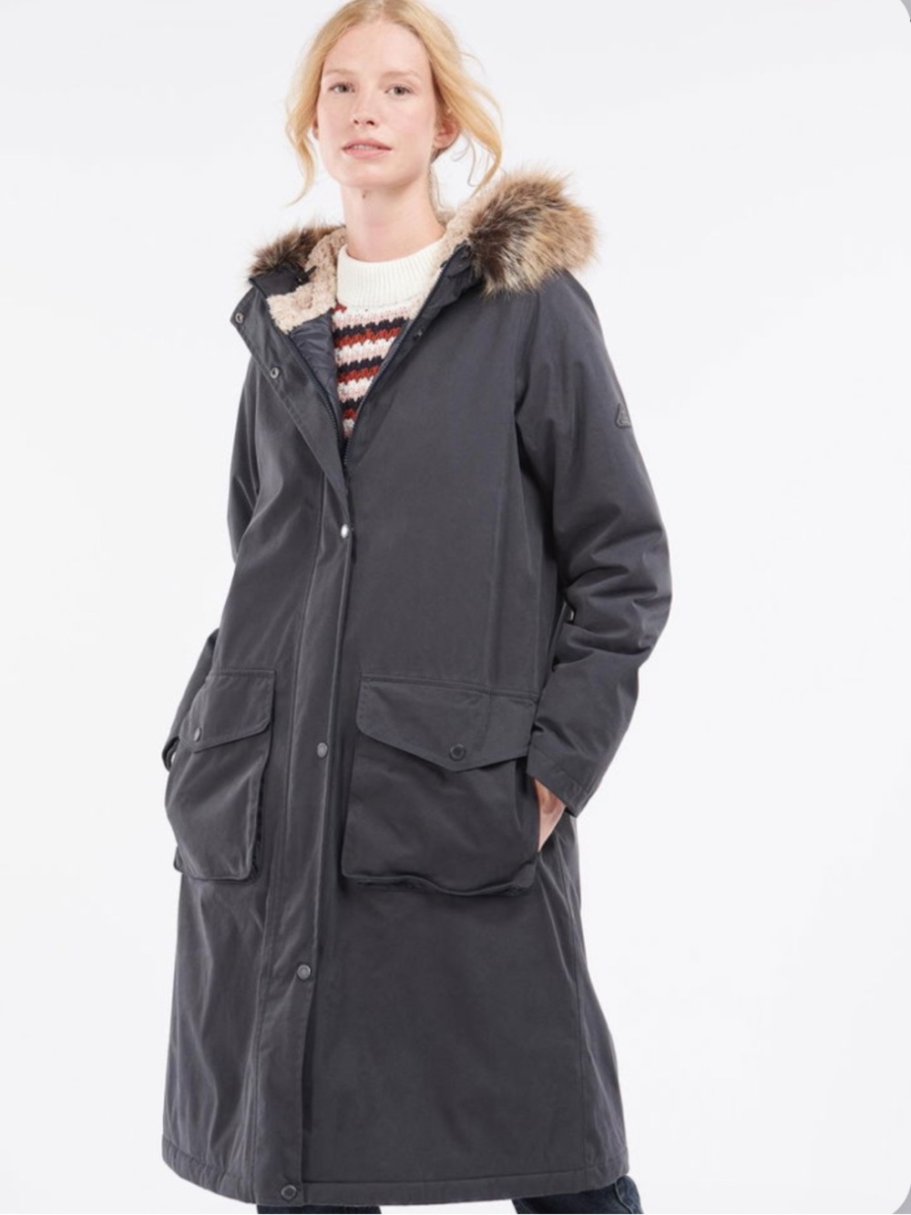 Barbour Leathes Waterproof Breathable Parka Faux Fur Hood Navy Blue US 10